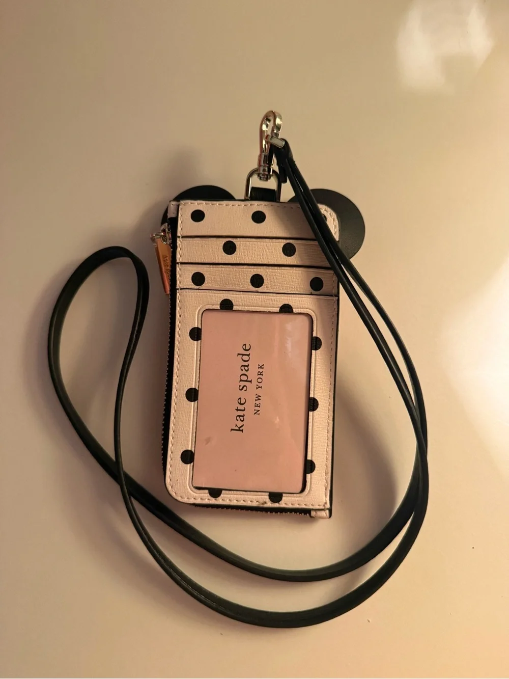 kate spade Cream and Black Polka Dot Minnie Mouse Cardholder Lanyard